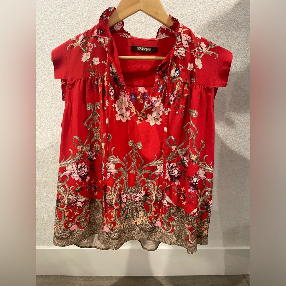 Roberto Cavalli Red Floral Foil Print Silk Blouse